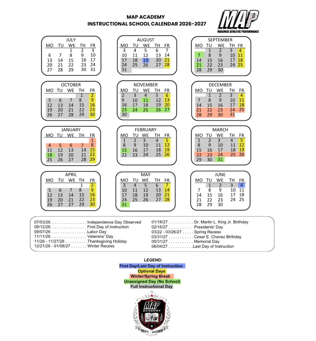 MAP Academy School Calendar 2026-2027